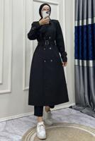 Tesettür giyim SİYAH KRUVAZE YAKA BANTLI KEMERLİ TRENÇKOT T 083
