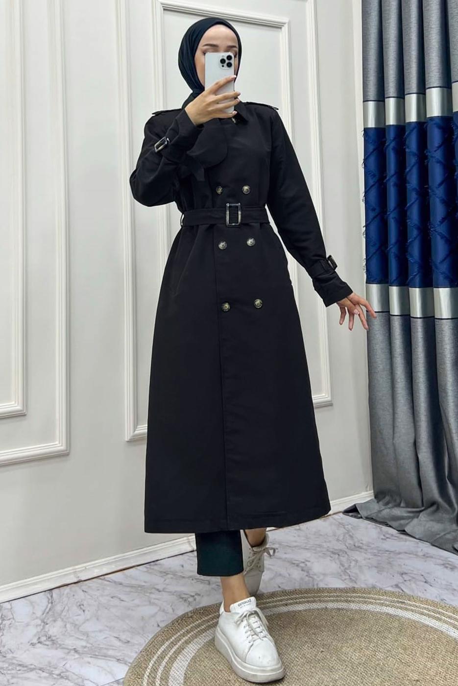 Tesettür giyim SİYAH KRUVAZE YAKA BANTLI KEMERLİ TRENÇKOT T 083