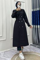 Tesettür giyim SİYAH KRUVAZE YAKA BANTLI KEMERLİ TRENÇKOT T 083