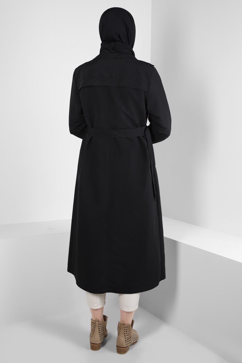 Tesettür giyim SİYAH KRUVAZE YAKA BANTLI KEMERLİ TRENÇKOT T 083