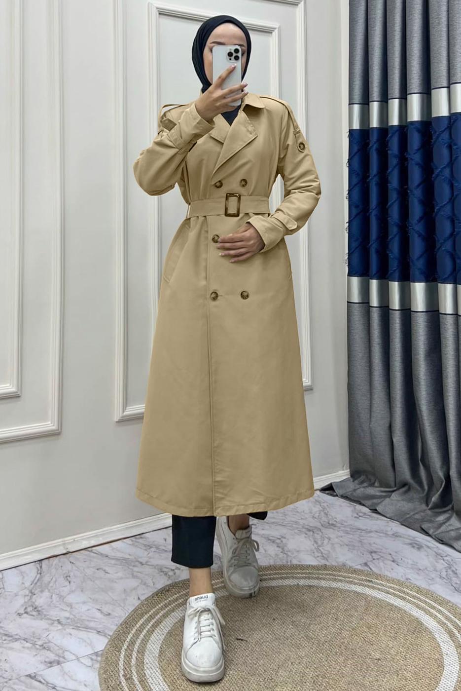 Tesettür giyim BEJ KRUVAZE YAKA BANTLI KEMERLİ TRENÇKOT T 083