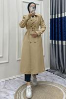 Tesettür giyim BEJ KRUVAZE YAKA BANTLI KEMERLİ TRENÇKOT T 083