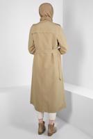 Tesettür giyim BEJ KRUVAZE YAKA BANTLI KEMERLİ TRENÇKOT T 083