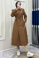 Tesettür giyim KAHVE KRUVAZE YAKA BANTLI KEMERLİ TRENÇKOT T 083