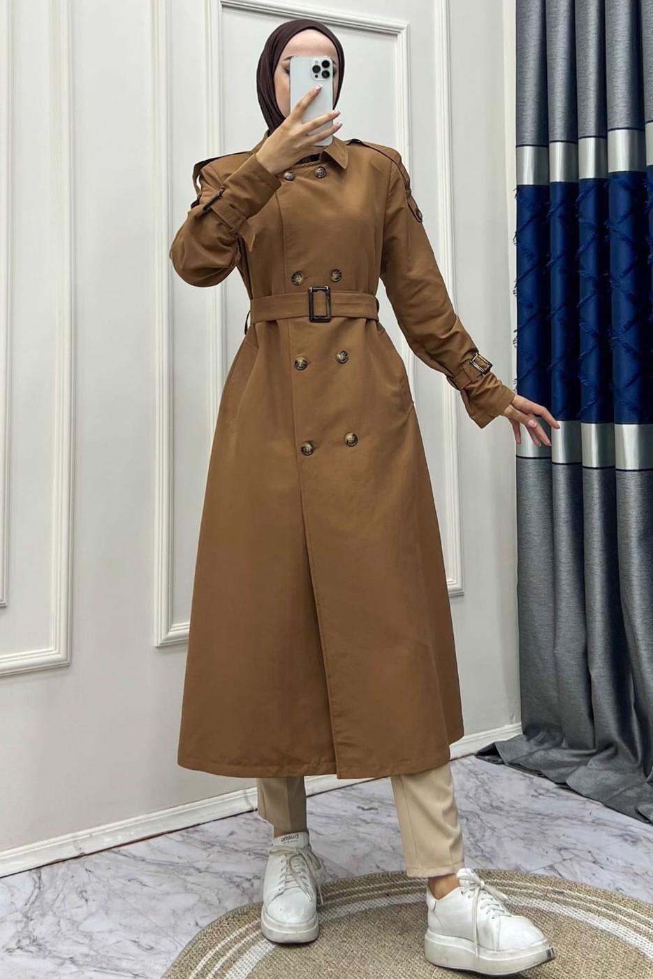 Tesettür giyim KAHVE KRUVAZE YAKA BANTLI KEMERLİ TRENÇKOT T 083