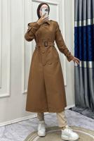 Tesettür giyim KAHVE KRUVAZE YAKA BANTLI KEMERLİ TRENÇKOT T 083