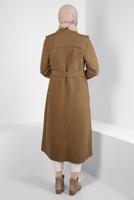 Tesettür giyim KAHVE KRUVAZE YAKA BANTLI KEMERLİ TRENÇKOT T 083