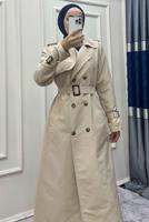 Tesettür giyim BEJ KRUVAZE YAKA BANTLI KEMERLİ TRENÇKOT T 083