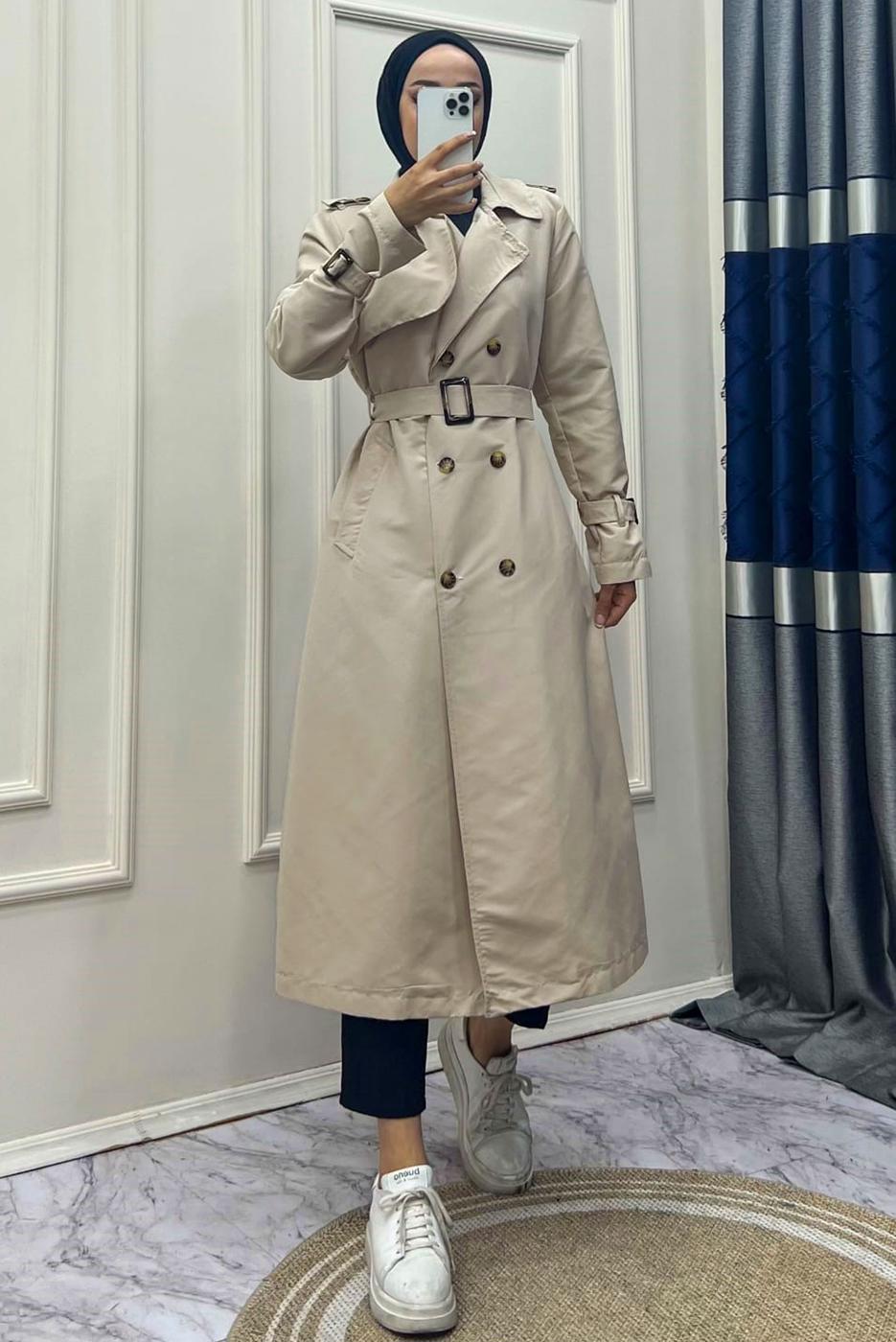 Tesettür giyim BEJ KRUVAZE YAKA BANTLI KEMERLİ TRENÇKOT T 083