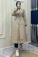 Tesettür giyim BEJ KRUVAZE YAKA BANTLI KEMERLİ TRENÇKOT T 083