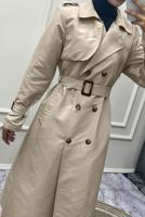 Tesettür giyim BEJ KRUVAZE YAKA BANTLI KEMERLİ TRENÇKOT T 083