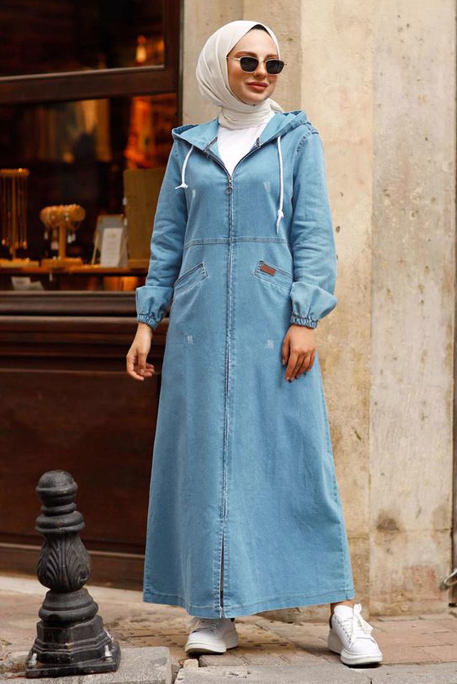 Tesettür giyim MAVİ KAPÜŞONLU TESETTÜR KAP T 1167