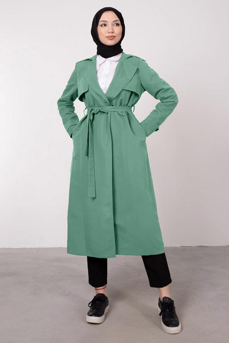 Tesettür giyim MAVİ KRUVAZE YAKA KUŞAKLI CEPLİ TRENÇKOT T 1331