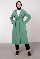 Tesettür giyim MAVİ KRUVAZE YAKA KUŞAKLI CEPLİ TRENÇKOT T 1331