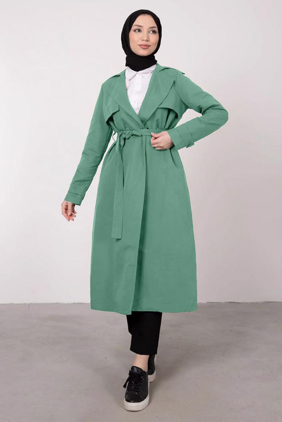 Tesettür giyim MAVİ KRUVAZE YAKA KUŞAKLI CEPLİ TRENÇKOT T 1331
