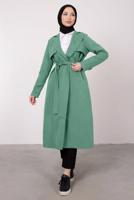 Tesettür giyim MAVİ KRUVAZE YAKA KUŞAKLI CEPLİ TRENÇKOT T 1331