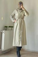 Tesettür giyim BEJ KAPÜŞONLU BELİ BÜZGÜLÜ TRENÇKOT T 1495