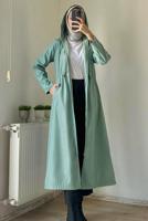 Tesettür giyim MAVİ KAPÜŞONLU BELİ BÜZGÜLÜ TRENÇKOT T 1495