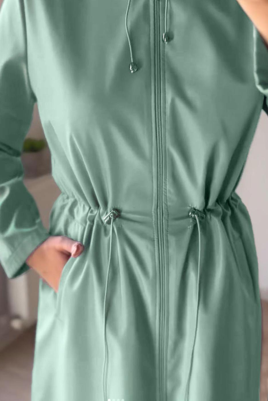 Tesettür giyim MAVİ KAPÜŞONLU BELİ BÜZGÜLÜ TRENÇKOT T 1495