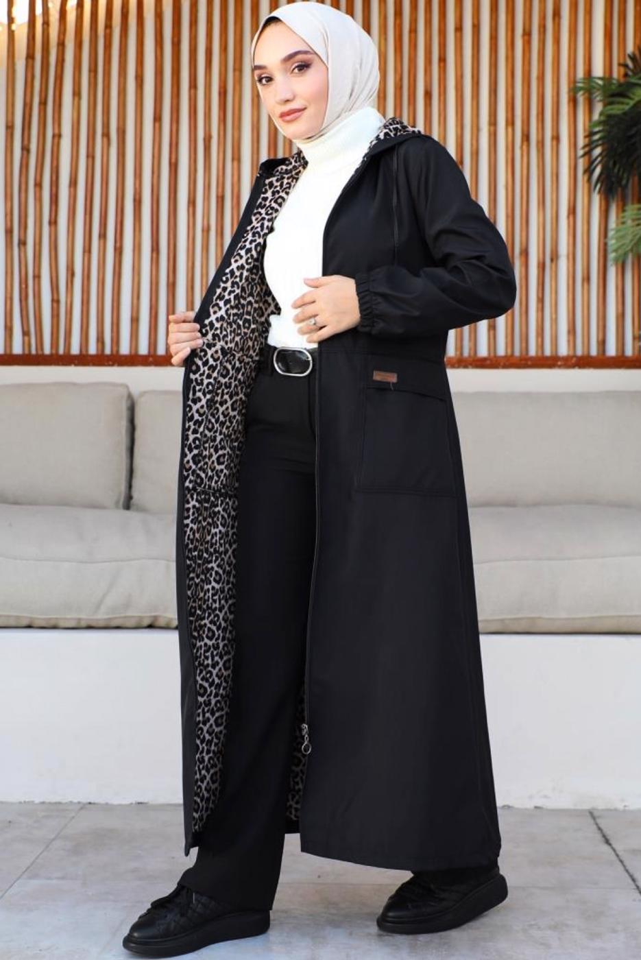 Tesettür giyim SİYAH KAPÜŞONLU KAP T 3007-1