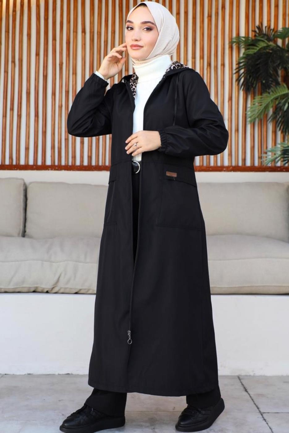 Tesettür giyim SİYAH KAPÜŞONLU KAP T 3007-1