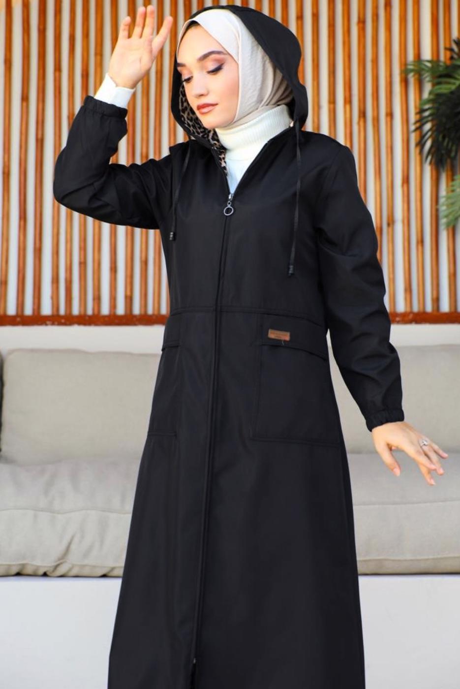 Tesettür giyim SİYAH KAPÜŞONLU KAP T 3007-1