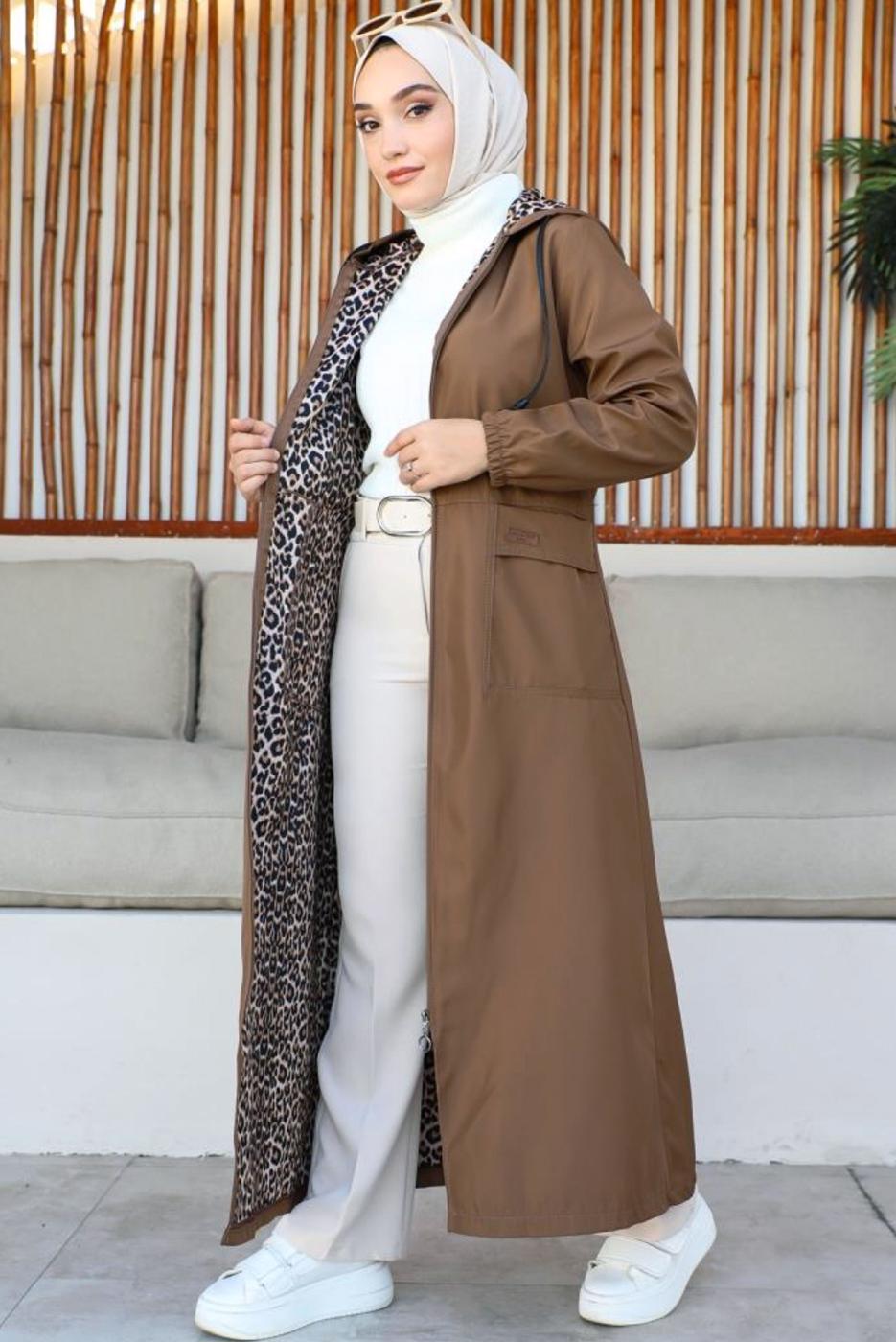 Tesettür giyim TABA KAPÜŞONLU KAP T 3007-1