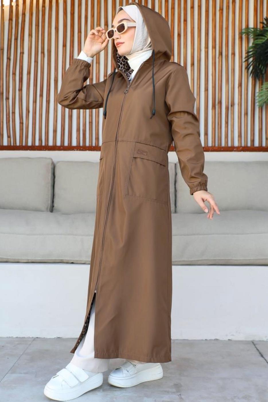 Tesettür giyim TABA KAPÜŞONLU KAP T 3007-1