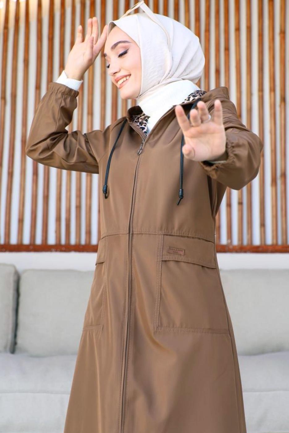 Tesettür giyim TABA KAPÜŞONLU KAP T 3007-1