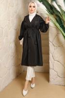 Tesettür giyim SİYAH KUŞAKLI MANŞETLERİ LASTİKLİ TRENÇKOT T 4643