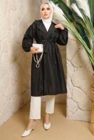 Tesettür giyim SİYAH KUŞAKLI MANŞETLERİ LASTİKLİ TRENÇKOT T 4643