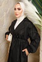 Tesettür giyim SİYAH KUŞAKLI MANŞETLERİ LASTİKLİ TRENÇKOT T 4643