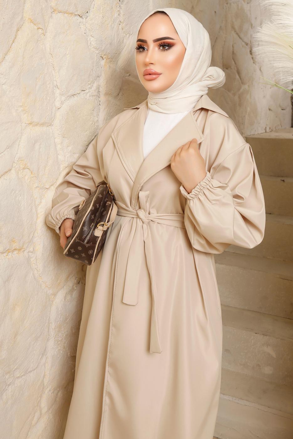 Tesettür giyim BEJ KUŞAKLI MANŞETLERİ LASTİKLİ TRENÇKOT T 4643