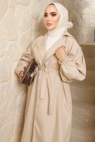 Tesettür giyim BEJ KUŞAKLI MANŞETLERİ LASTİKLİ TRENÇKOT T 4643