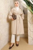 Tesettür giyim BEJ KUŞAKLI MANŞETLERİ LASTİKLİ TRENÇKOT T 4643