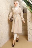 Tesettür giyim BEJ KUŞAKLI MANŞETLERİ LASTİKLİ TRENÇKOT T 4643