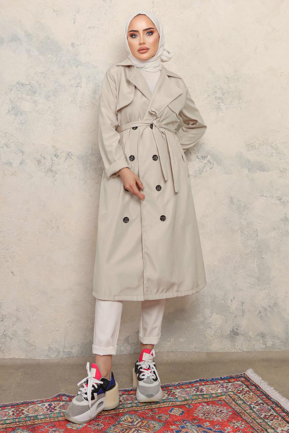 Tesettür giyim BEJ KUŞAKLI DÜĞMELİ TRENÇKOT T 4743