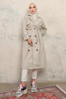 Tesettür giyim BEJ KUŞAKLI DÜĞMELİ TRENÇKOT T 4743