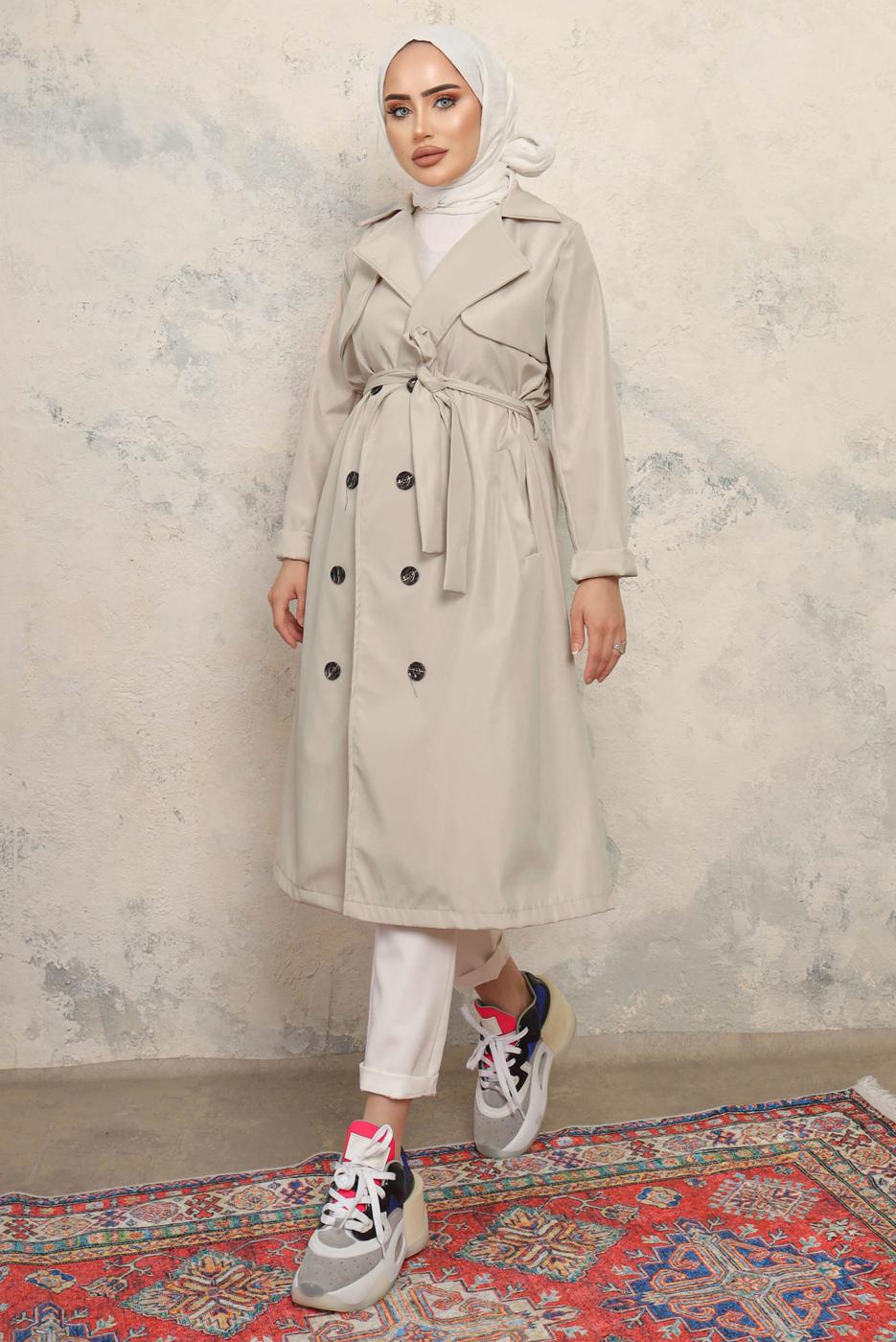 Tesettür giyim BEJ KUŞAKLI DÜĞMELİ TRENÇKOT T 4743