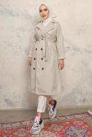 Tesettür giyim BEJ KUŞAKLI DÜĞMELİ TRENÇKOT T 4743