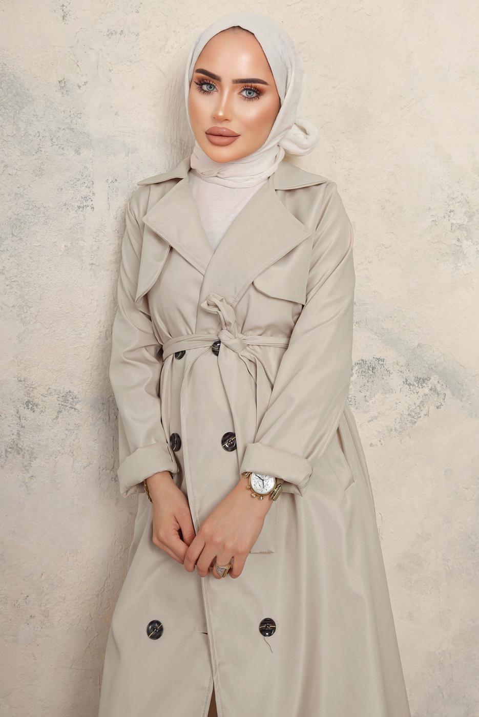 Tesettür giyim BEJ KUŞAKLI DÜĞMELİ TRENÇKOT T 4743
