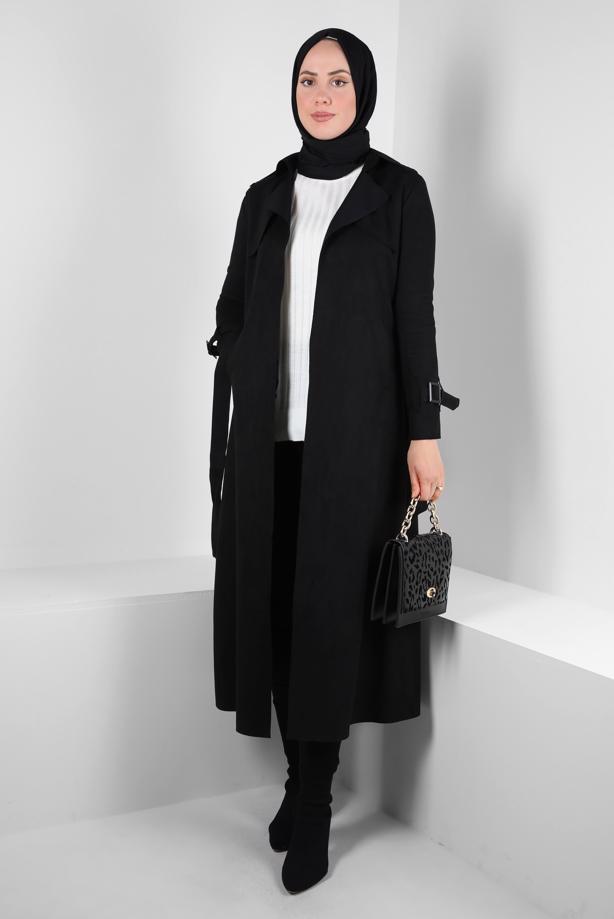 Vêtements hijab NOIR TRENCH-COAT EN DAIM CEINTURE T 5627 - TRENDTESETTÜR