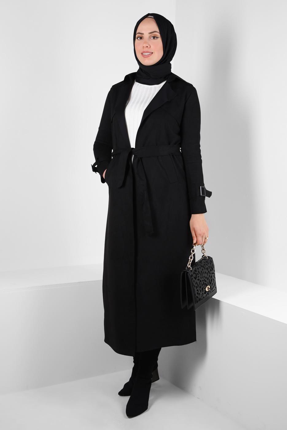 Vêtements hijab NOIR TRENCH-COAT EN DAIM CEINTURE T 5627