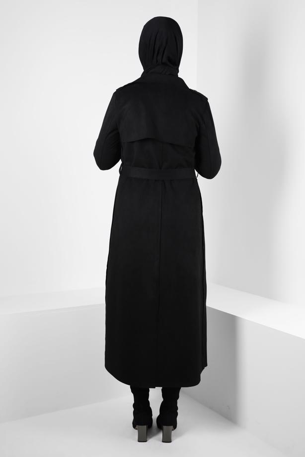 Vêtements hijab NOIR TRENCH-COAT EN DAIM CEINTURE T 5627 - TRENDTESETTÜR