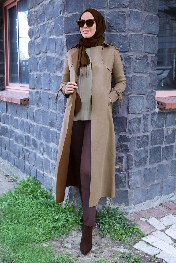 Vêtements hijab BEIGE TRENCH-COAT EN DAIM CEINTURE T 5627 - TRENDTESETTÜR