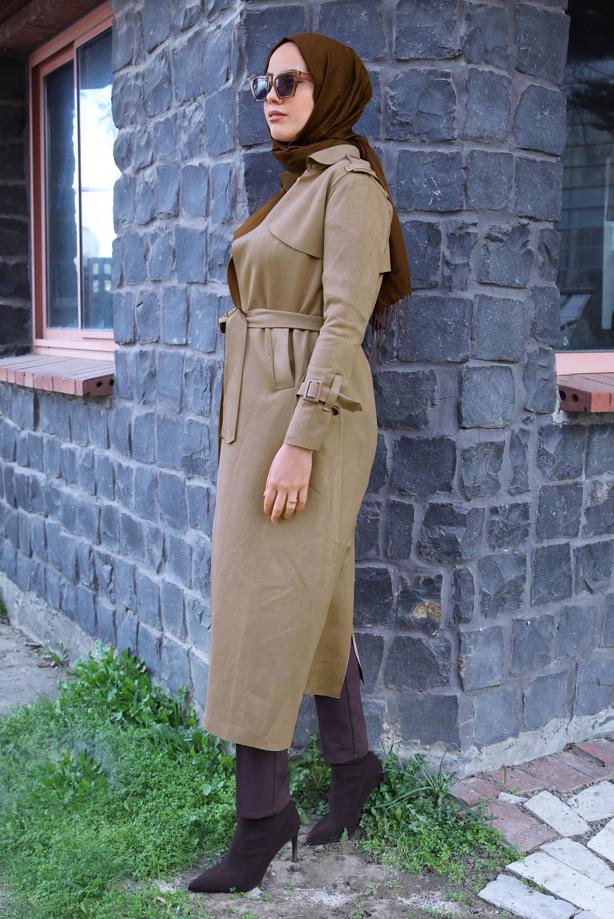Vêtements hijab BEIGE TRENCH-COAT EN DAIM CEINTURE T 5627 - TRENDTESETTÜR