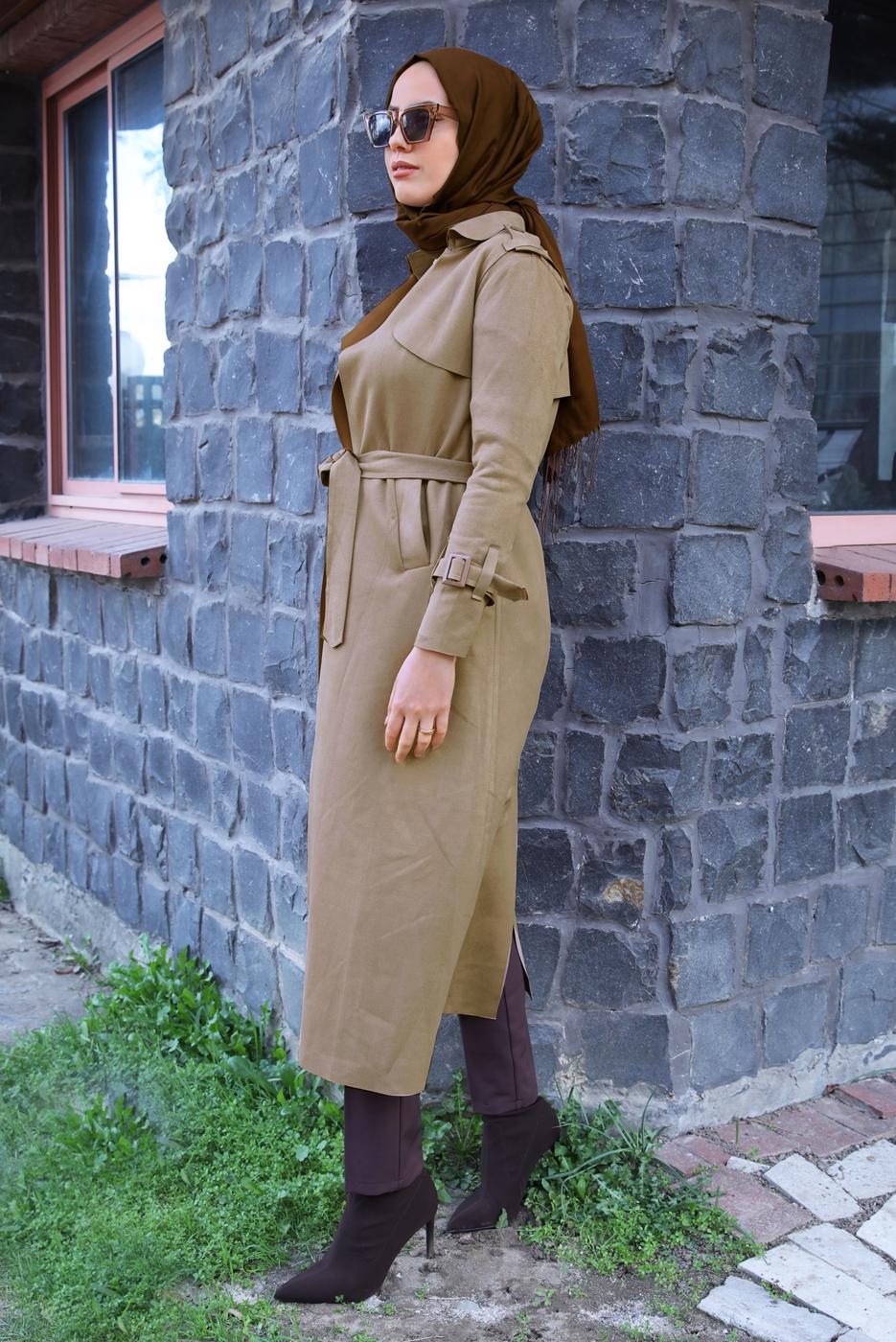 Tesettür giyim BEJ KEMERLİ SÜET TRENÇKOT T 5627