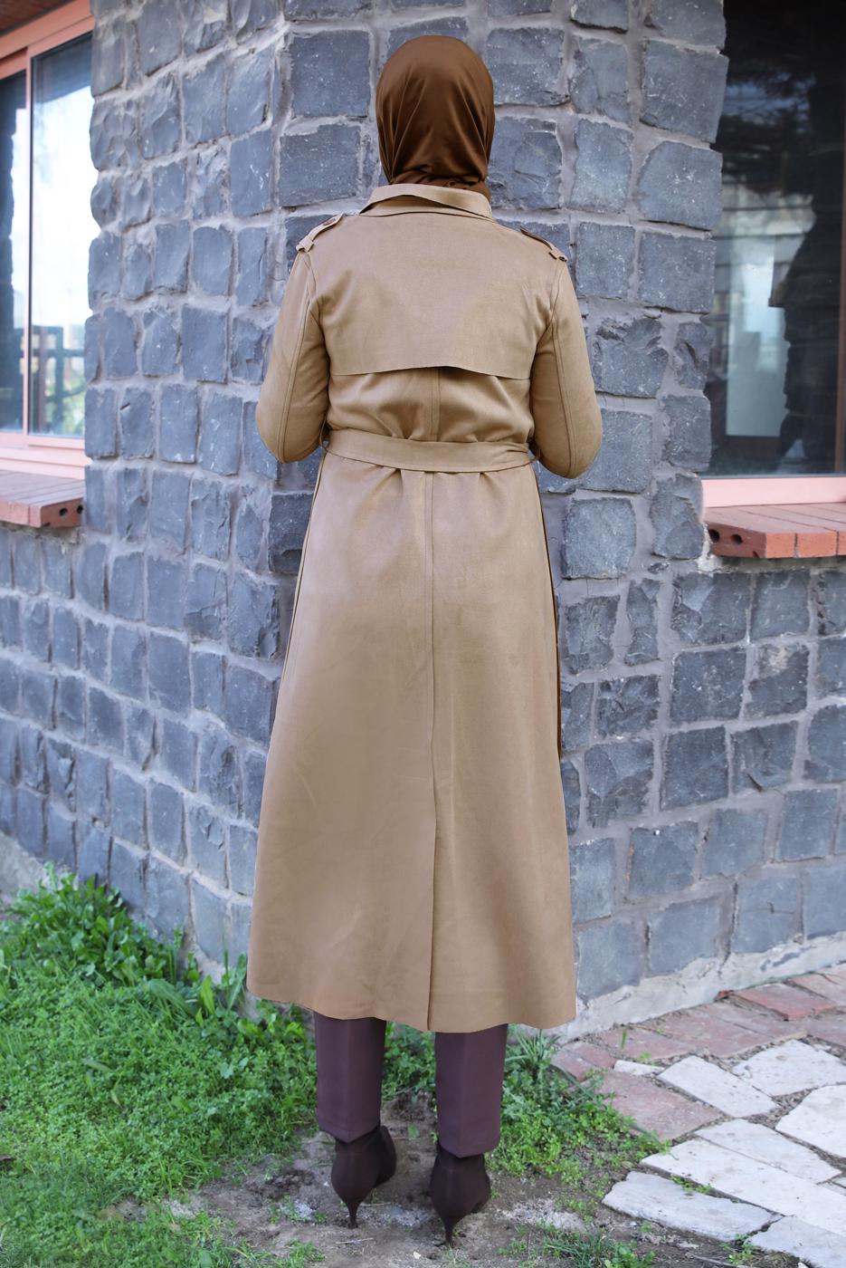 Tesettür giyim BEJ KEMERLİ SÜET TRENÇKOT T 5627