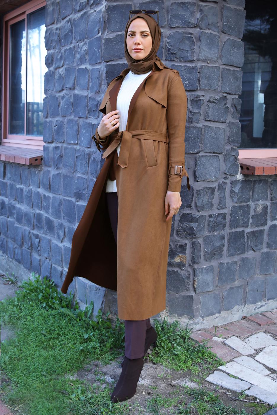 Tesettür giyim TABA KEMERLİ SÜET TRENÇKOT T 5627