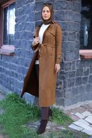 Tesettür giyim TABA KEMERLİ SÜET TRENÇKOT T 5627